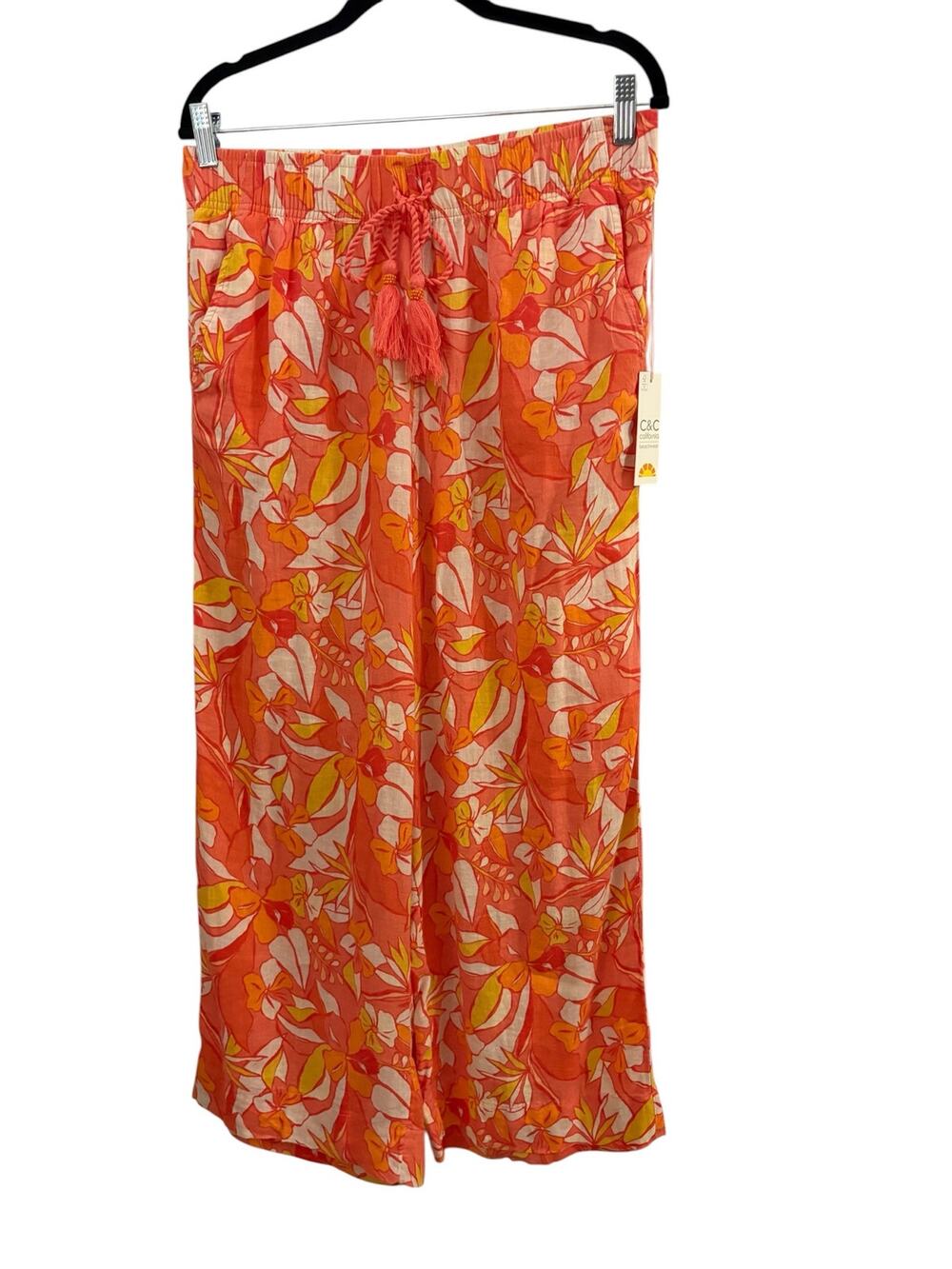 C&C of California Beachwear Coral Linen Wide Leg Pants L Elastic Tie Waist Boho